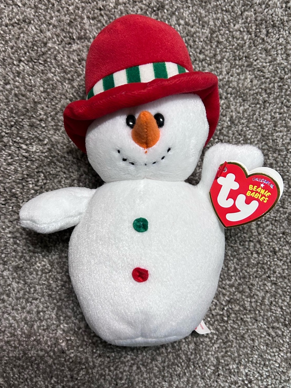 Ty beanie Baby White Snowman Plush with Red Hat and Orange Carrot Nose
